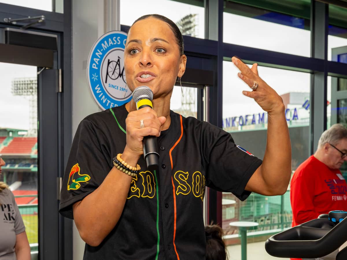 Red Sox Foundation Executive Director Bekah Salwasser speaking at the PMC Winter Cycle at Fenway Park
